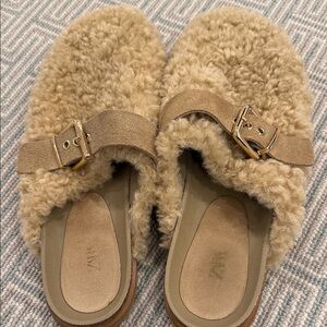 Zara Women's Beige Shearling Mules with Buckle